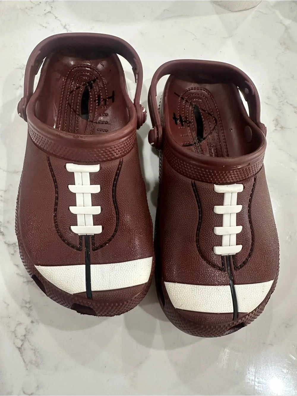 CROCS Kids Brown Clog Sandals with White Football Accent
